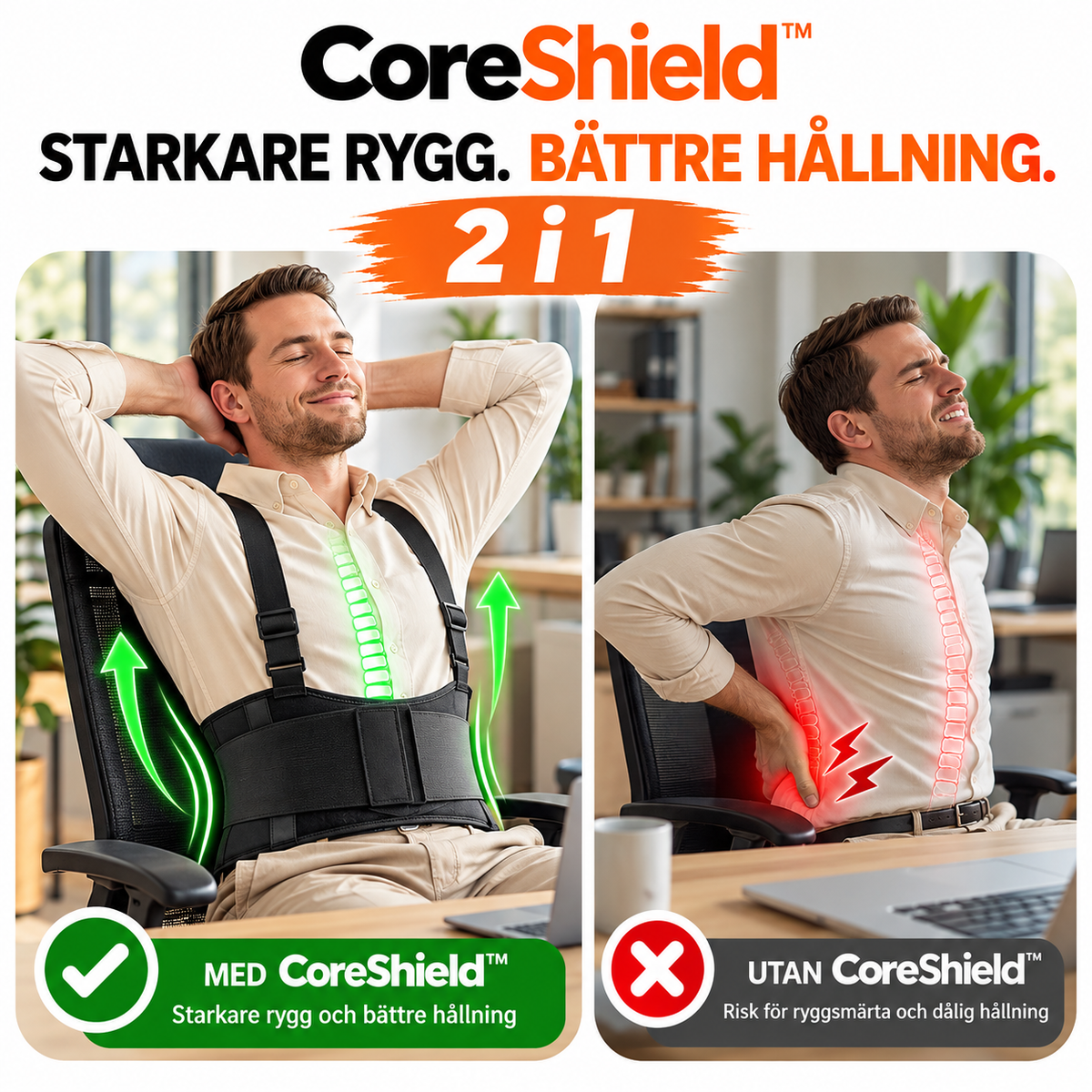CoreShield™ – 2 i 1 ryggstöd & hållningsstöd